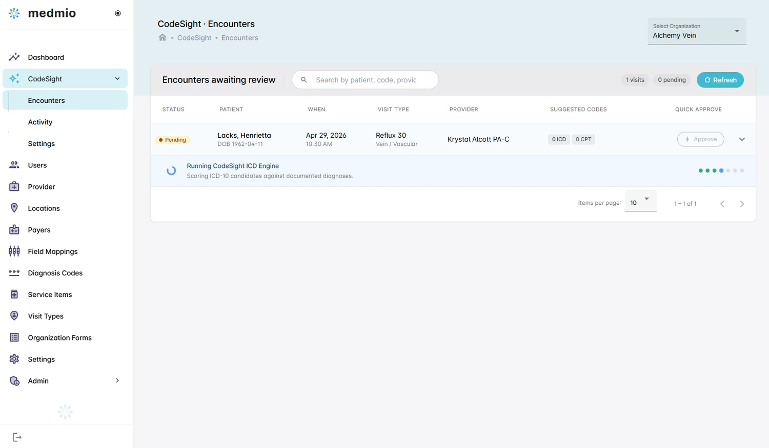 An encounter arrives from the EHR and CodeSight's engine scores ICD-10 candidates against the documented diagnoses.