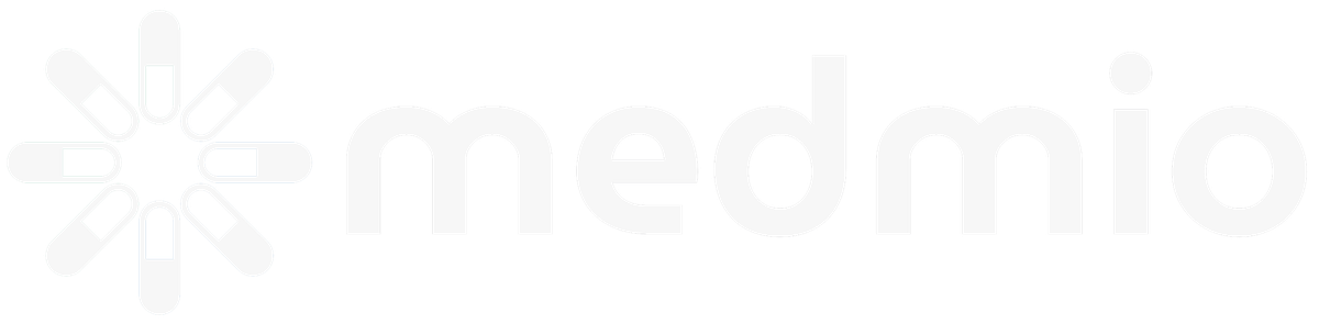 Medmio logo, white wordmark for dark backgrounds